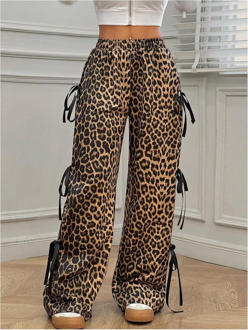 WDIRARA Girl's Leopard Print Bowknot Wide Leg Pants Y2k Elastic Waist Baggy Pants - Image 4